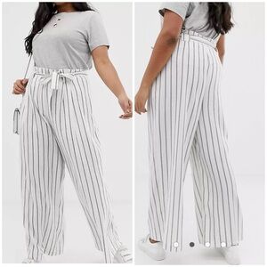 ASOS Linen Blend Paperbag Tie Waist Straight Leg Pants Size 14 Striped